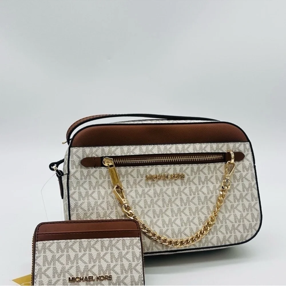 MICHAEL KORS LARGE EW ZIP CHAIN CROSSBODY BAG & JET SET TRAVEL MD ZA CARD CASE